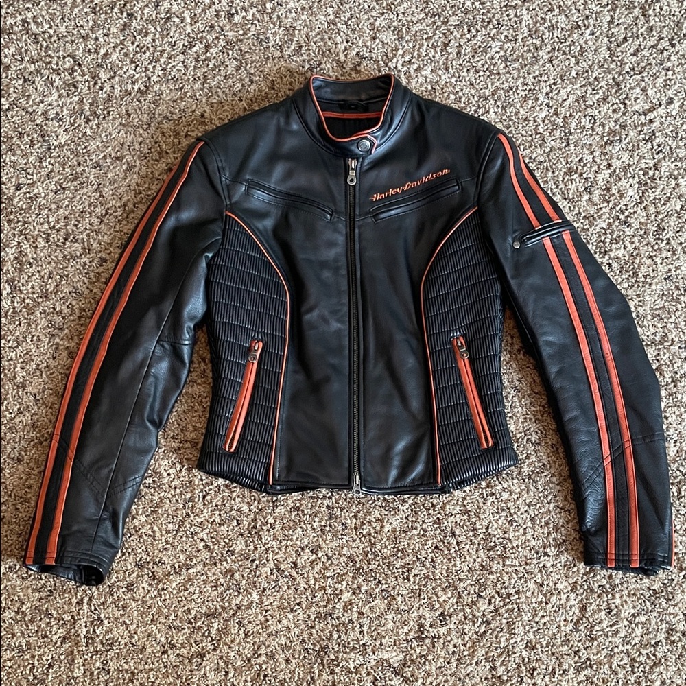 Harley-Davidson Women's Leather Jacket in Black with Orange Stripes